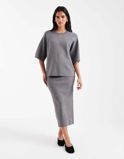Юбка миди из структурированного трикотажа Object серого цвета - часть комплекта medium gray melange