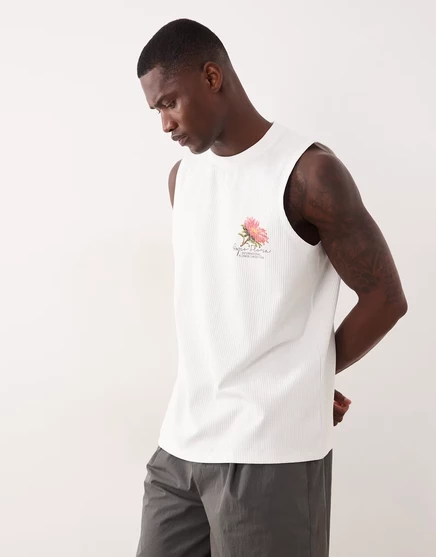Мужская рифленая майка ASOS Design с цветочным принтом, белая