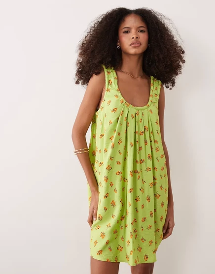 Женское мини-платье ASOS Design с присборенной горловиной, зеленый цветочный принт