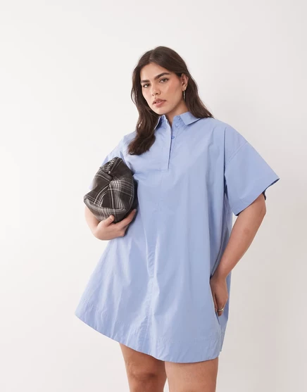 Женское мини-платье ASOS Curve поплин, короткий рукав, пыльно-голубое