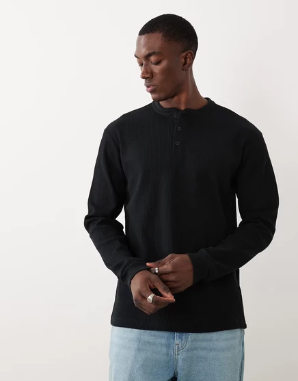 Мужская футболка Only & Sons henley вафельная, черная
