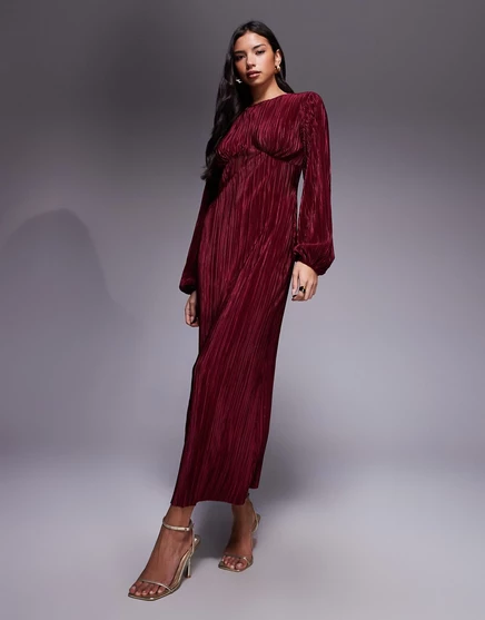 Макси-платье ASOS DESIGN plisse с длинными пышными рукавами винного цвета wine