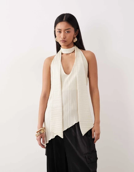Женский длинный топ ASOS Design плиссе со шарфом, кремовый