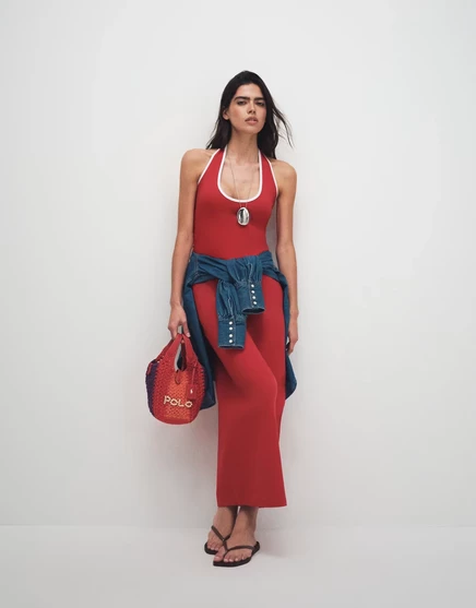 Женское миди-платье asos design халтер с белой контрастной отделкой, красно-белое