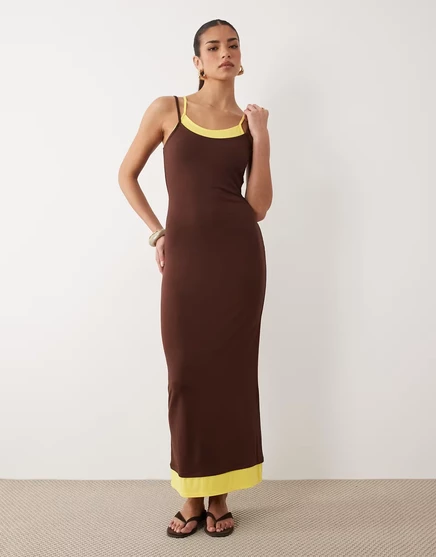 Женское макси-платье ASOS Design двойной слой, черно-кремовое