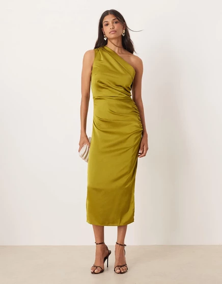 Зеленое миди-платье Mango с рюшами по бокам на одно плечо green