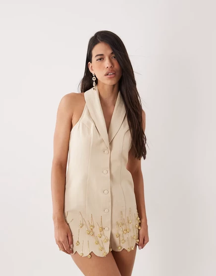 Женское мини-платье asos льняное с бусинами, натуральное