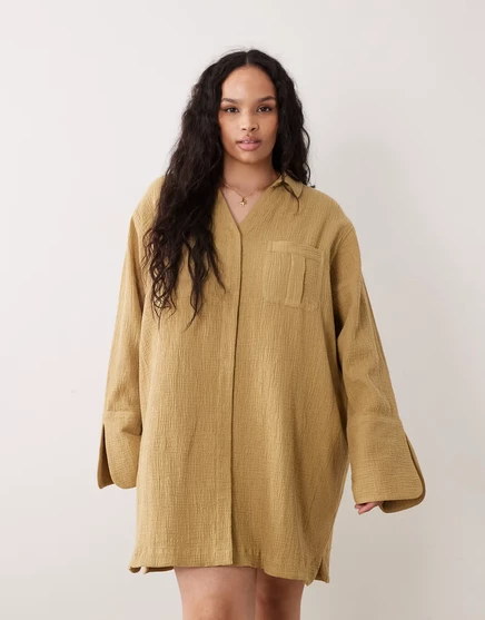 Женское мини-платье-рубашка ASOS Curve с широкими манжетами, шалфейное