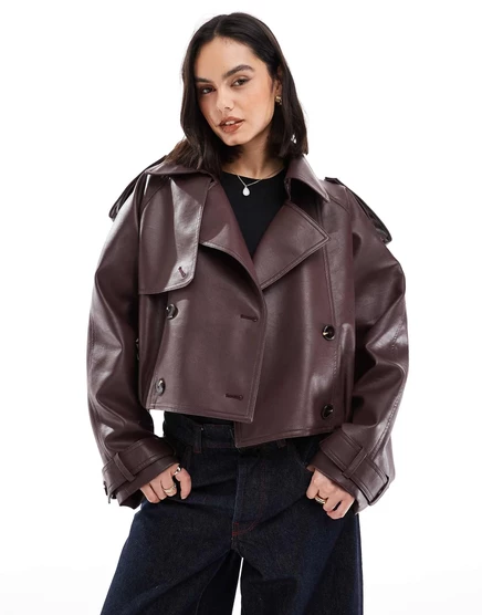 Тренч-бомбер ASOS DESIGN leather look шоколадного цвета brown