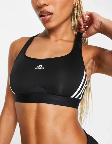 Черный спортивный бюстгальтер средней поддержки с 3 полосками adidas Training Train Icons black