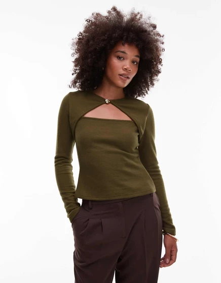 Топ с длинными рукавами и вырезами темно-оливкового цвета от ASOS DESIGN soft touch dark olive