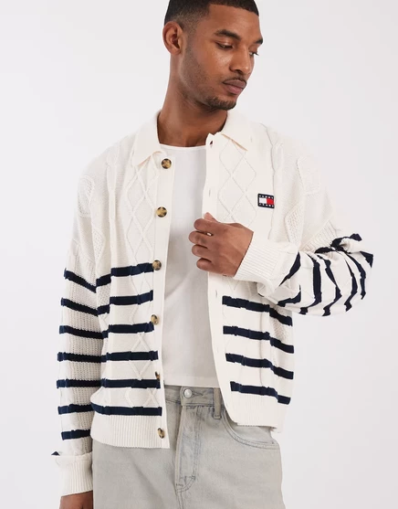 Кардиган свободного кроя из плотной вязки Tommy Jeans в кремовую/темно-синюю полоску в старинную белую полоску