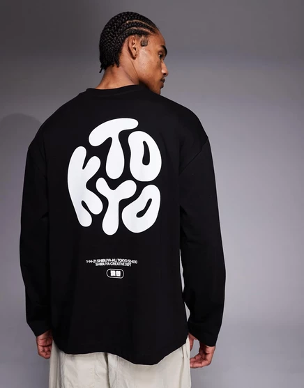 ДИЗАЙНЕРСКАЯ футболка оверсайз с длинным рукавом от ASOS и рисунком Киото черного цвета black