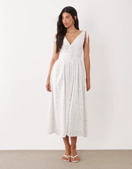 Женское платье GINA TRICOT миди из хлопка с корсетной талией, в цветы, белое