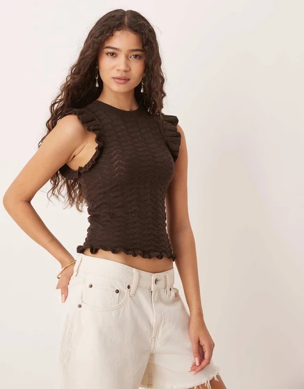 ДИЗАЙНЕРСКАЯ трикотажная майка ASOS в полоску с развевающимися рукавами шоколадного цвета chocolate