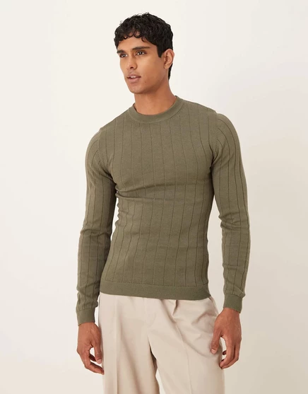 Легкая трикотажная футболка ASOS DESIGN muscle fit с длинным рукавом в рубчик зеленого цвета хаки khaki