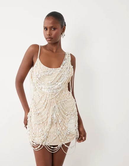 Женское мини-платье ASOS Design с драпировкой и жемчугом, айвори