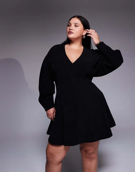ДИЗАЙНЕРСКОЕ вельветовое мини-платье ASOS с округлым рукавом-коконом черного цвета black