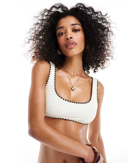 Топ-бикини Miss Selfridge с вышивкой в виде одеяла кремового цвета с шоколадной строчкой  cream