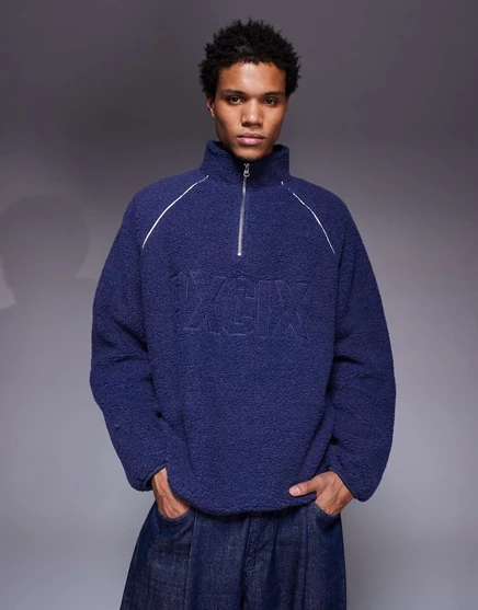 Плюшевая толстовка ASOS DESIGN с воронкообразным вырезом и принтом на груди синего цвета navy