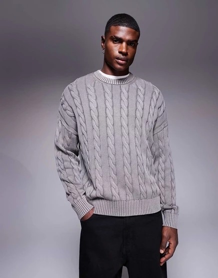 ДИЗАЙНЕРСКИЙ свитер кабельной вязки оверсайз-кроя ASOS DESIGN серого цвета gray