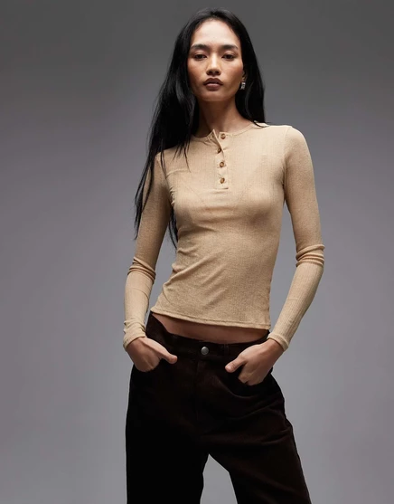 Прозрачный топ в рубчик с длинными рукавами от ASOS DESIGN песочного цвета sand
