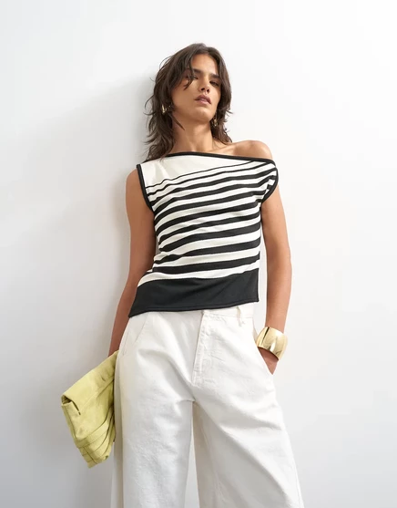 Женский топ TopShop асимметричный с завязкой, черный/экрю