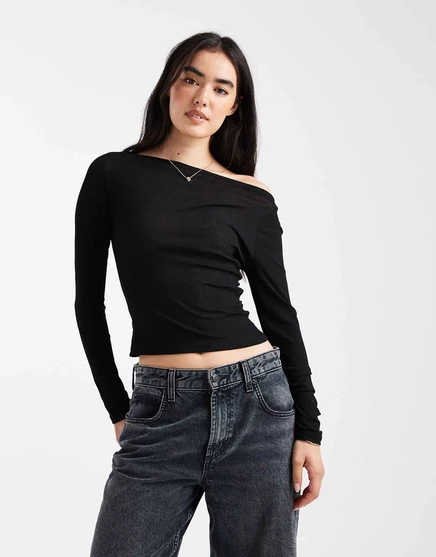 Топ с длинным рукавом и вырезом лодочкой из текстурированной сетки ASOS DESIGN черного цвета black