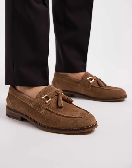 ДИЗАЙНЕРСКИЕ мокасины ASOS из темно-серой замши с золотой фурнитурой taupe
