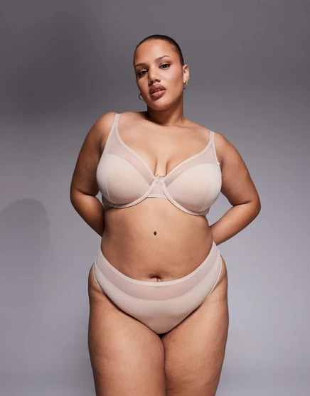 Стринги ASOS DESIGN Curve Ella из микрофибры с высокой талией и сетчатой отделкой бежевого цвета