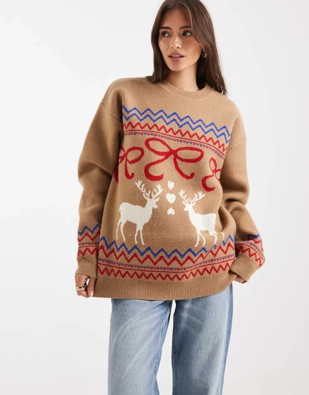 ДИЗАЙНЕРСКИЙ свитер оверсайз с оленьим бантиком от ASOS цвета верблюд brown
