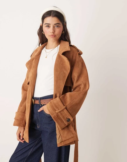 Замшевый тренч средней длины Miss Selfridge коричневого цвета tan