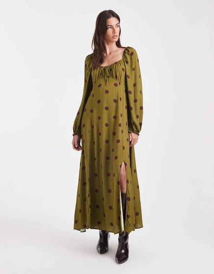 Мисс Селфридж закрутила чайное платье макси в горошек polka dot
