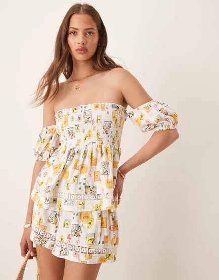 Топ-бардо ASOS DESIGN с гофрированными деталями и принтом в виде почтовой открытки multi
