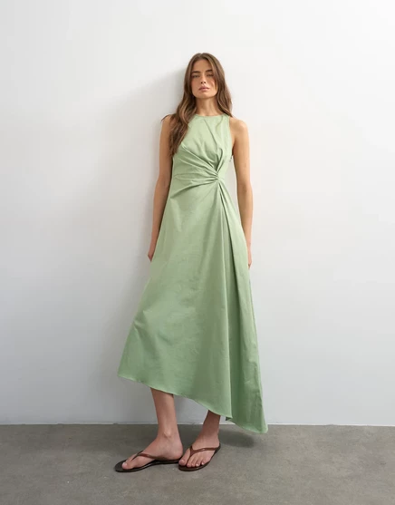 Женское макси-платье TopShop из хлопкового твилла со сборкой, шалфейное
