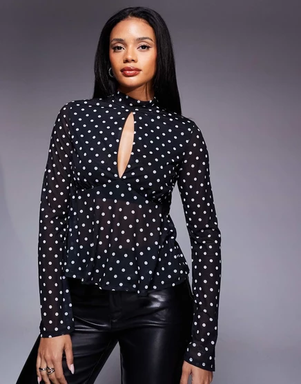 ДИЗАЙНЕРСКИЙ топ из плавающей сетки ASOS с расклешенными рукавами и завязкой сзади в черный горошек black polka dot