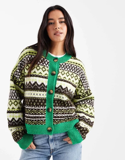 ДИЗАЙНЕРСКИЙ вязаный кардиган из светлой шерсти ASOS зеленого цвета green fairisle
