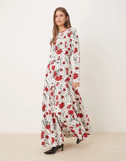 ДИЗАЙНЕРСКОЕ макси-платье ASOS с вырезом лодочкой и пышной юбкой в цветочный горошек