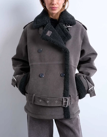 Укороченное пальто-авиатор из овечьей шерсти Topshop серого цвета gray