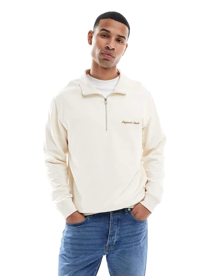 Непринужденная толстовка Jack &Jones с застежкой-молнией на четверть дюйма темно-белого цвета antique white