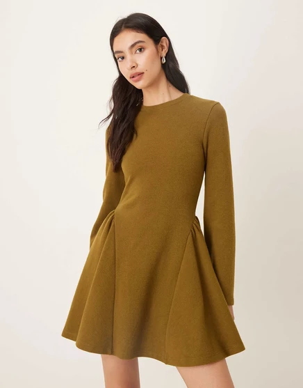 ДИЗАЙНЕРСКОЕ мини-платье godet с длинным рукавом ASOS DESIGN из суперсофта зеленого цвета хаки khaki