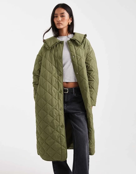 Макси-пальто Miss Selfridge со стеганой подкладкой зеленого цвета хаки khaki