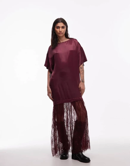 Макси-платье-гибрид атласной футболки ASOS DESIGN с кружевной юбкой бордового цвета burgundy