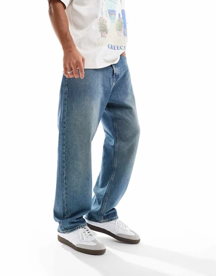 Мешковатые джинсы Jack &Jones alex темно-синего цвета с эффектом стирки  blue denim