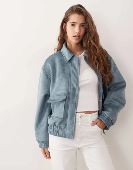 Женская куртка-бомбер Miss Selfridge под замшу, на молнии с кнопками, нежно-голубая