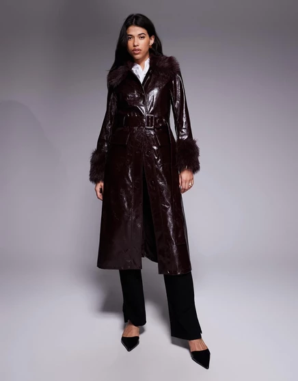 Женский тренч River Island с искусственным мехом, темно-красный
