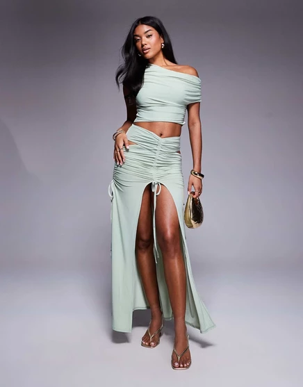 ASOS x - макси-юбка с рюшами из коллекции SOURCED COLLECTION цвета шалфея sage green