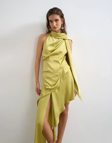 Женское мини-платье TopShop Premium сатиновое асимметричное с шарфом, золотисто-оливковое