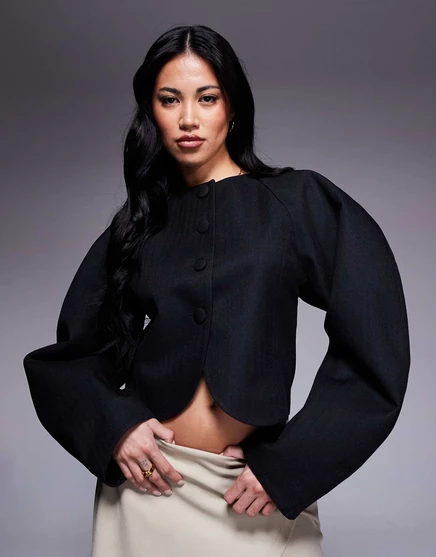 Укороченный блейзер-кокон с рукавами в елочку от ASOS DESIGN черного цвета black