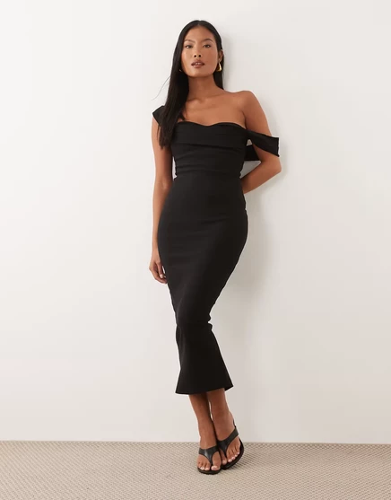Облегающее платье мидакси Vesper Petite bengaline bardot с открытыми плечами черного цвета black